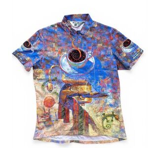 Sugoi Caffino Cycling Jersey Womens Small Blue Coffee Art Print Excellent Zip